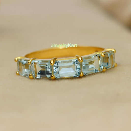 Aquamarine Eternity Wedding Band | Half Eternity Ring 14K Gold | Stackable Anniversary Band