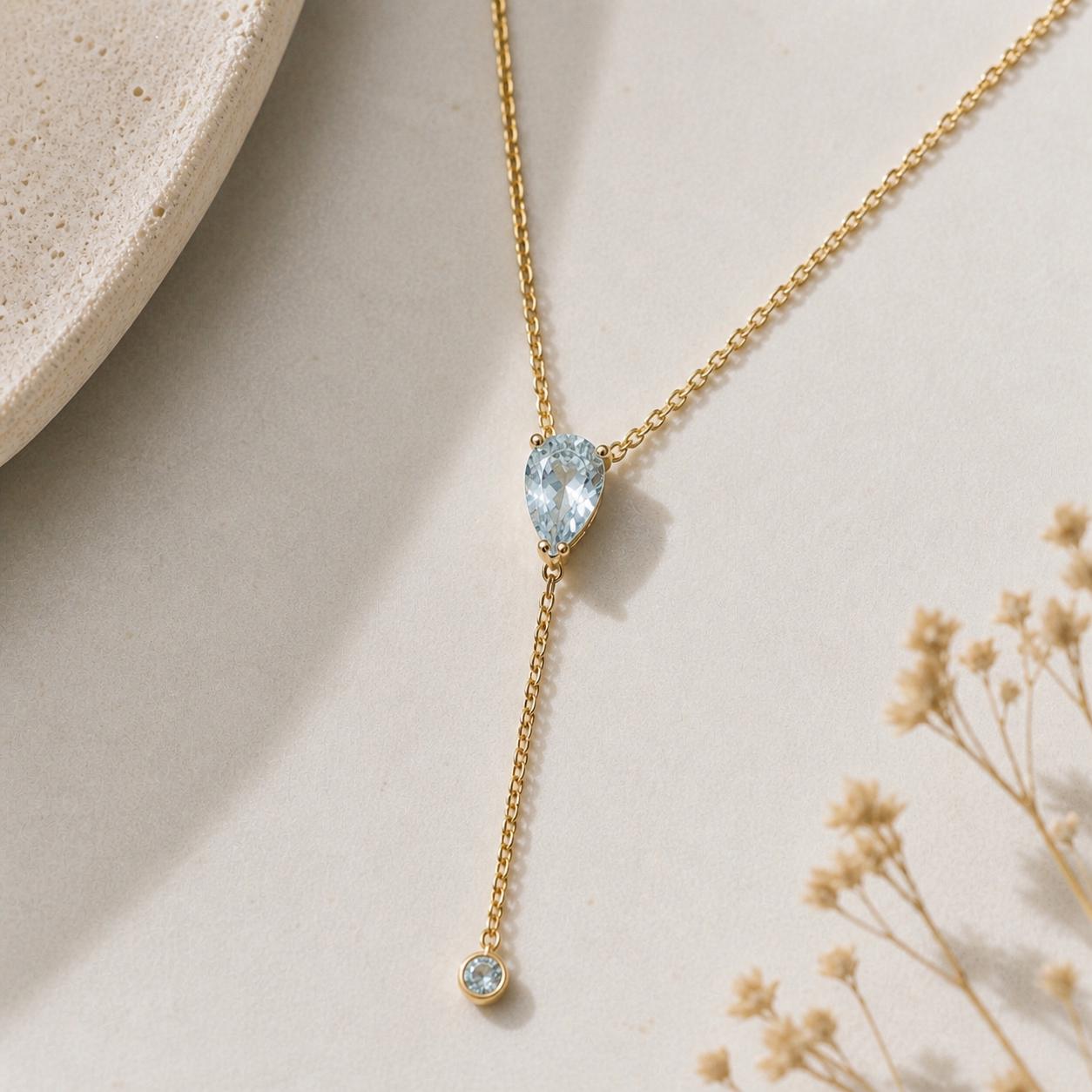 Aquamarine Lariat Necklace, Pear Drop Y Necklace, Minimalist Gold Necklace, March Birthstone Jewelry, Dainty Layering Necklace, Gift for Her