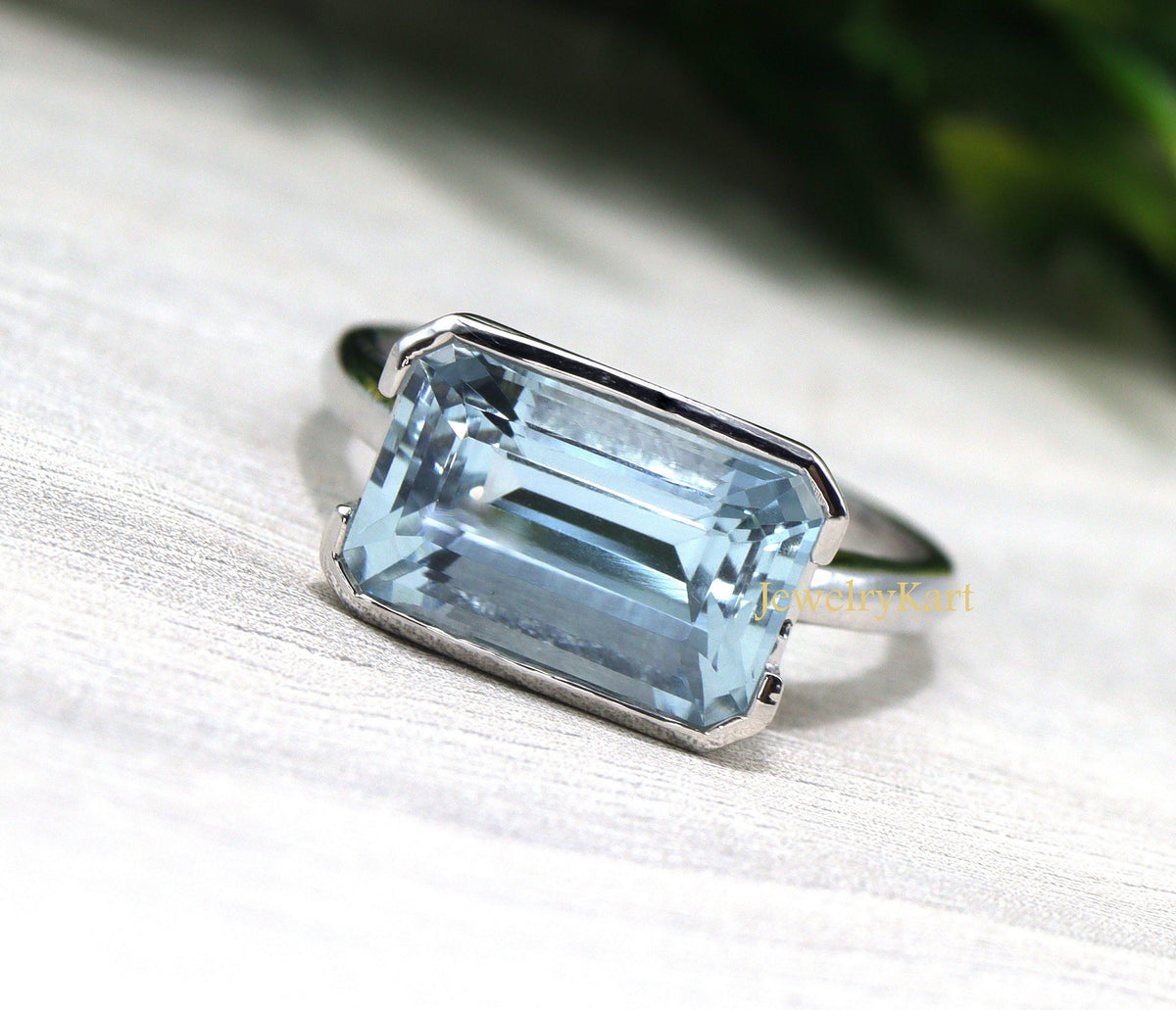 Genuine Aquamarine East West Engagement Ring, Aquamarine Ring For Wedding, Bezel Set Horizontal Ring in 14k Gold
