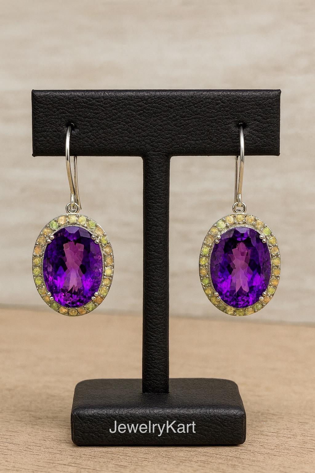 Amethyst & Opal Oval Earrings, Ethiopian Opal Halo Drop Earrings, February Birthstone Jewelry, Statement Earrings