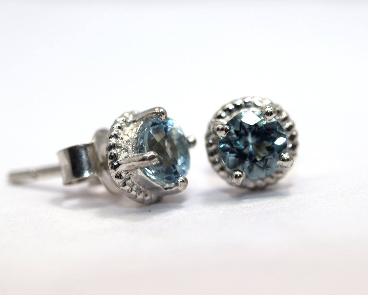 Aquamarine Stud Earrings, 5mm Round AAA Stones in 925 Silver, Dainty March Birthstone Gift, Gemstone Studs