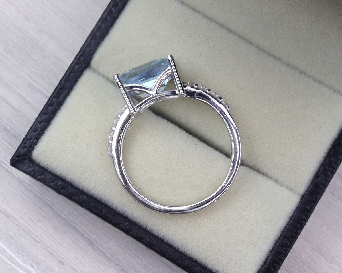 Aquamarine East West Emerald Cut Ring | Natural Aquamarine Horizontal Engagement Ring