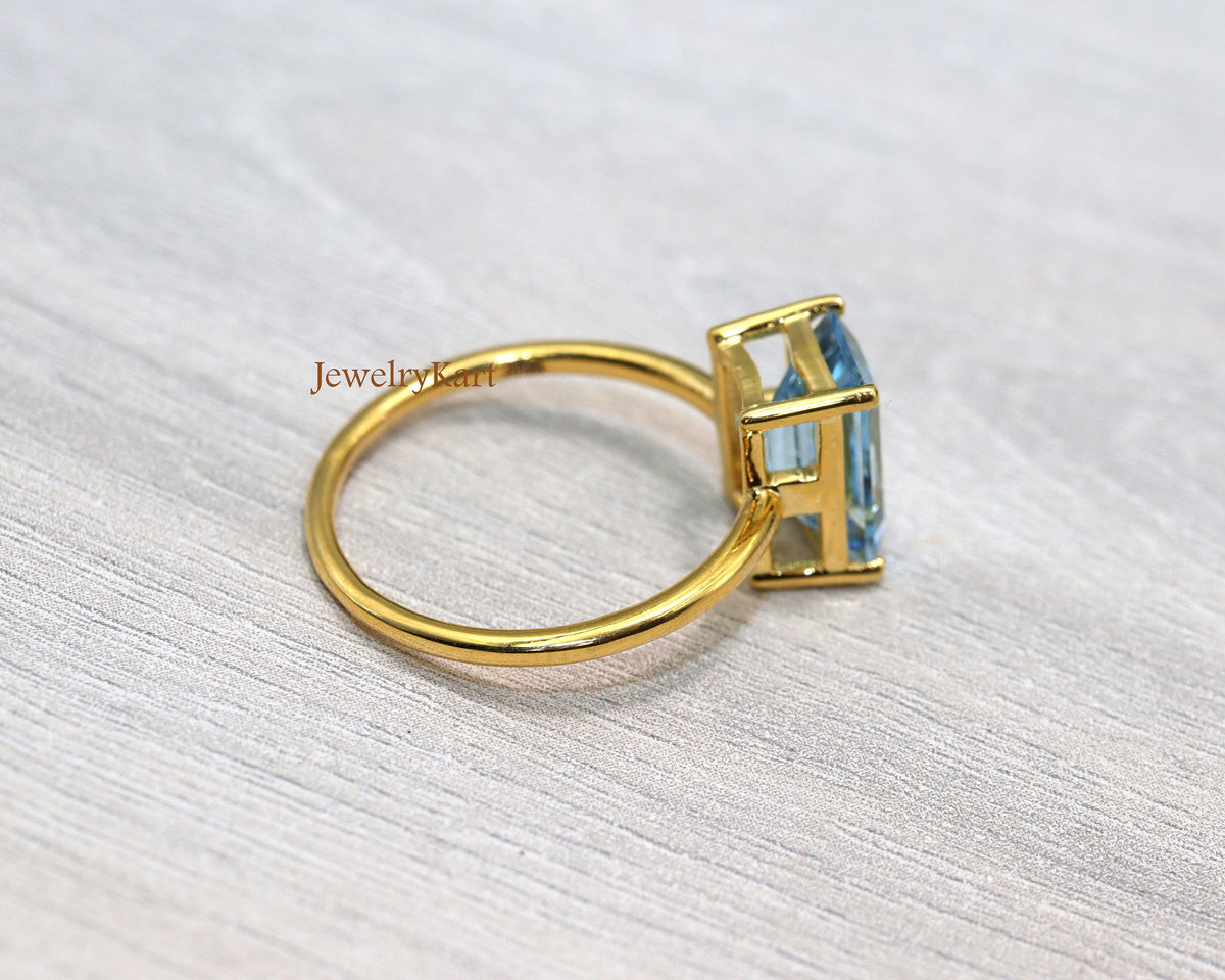 Emerald Cut Aquamarine Ring, 14K Gold Solitaire Ring, Engagement Ring, Anniversary Ring