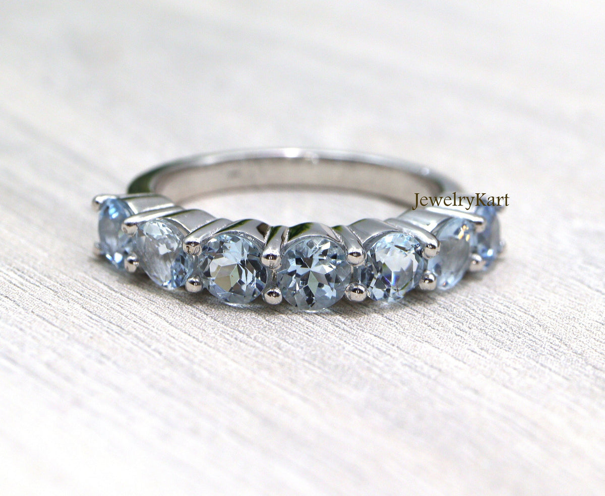 Natural Aquamarine Half Eternity Ring | 4 mm Round Aquamarine Band | 14K Gold or 925 Silver | March Birthstone Stacking Ring | Gift for Her