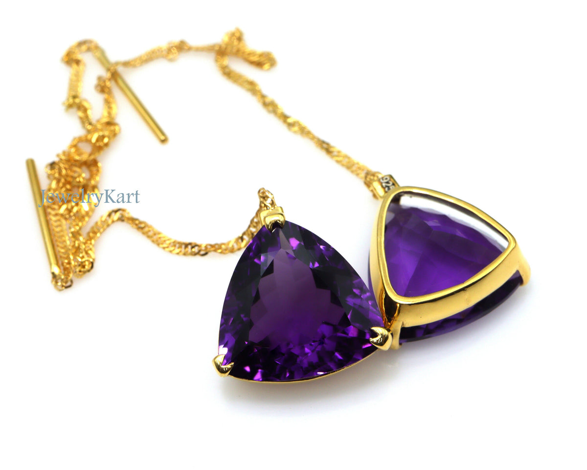 Natural Amethyst Threader Earrings, 14k Yellow Gold Finish, Amethyst Dangle Earrings, Trillion Earrings, Silver Long Chain Threaders