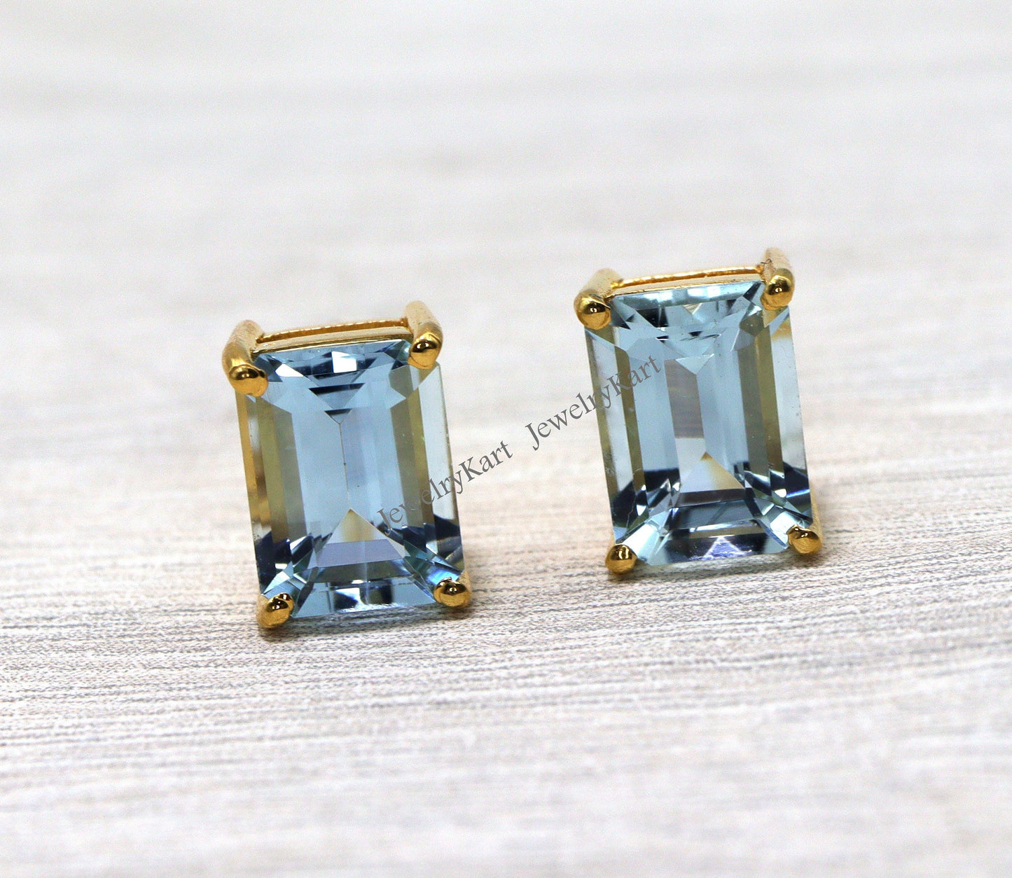 Emerald Cut Aquamarine Stud Earrings | 14k Yellow Gold Solitaire Earrings | March Birthstone Gift For Her