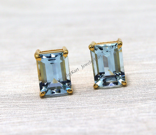 Emerald Cut Aquamarine Stud Earrings | 14k Yellow Gold Solitaire Earrings | March Birthstone Gift For Her