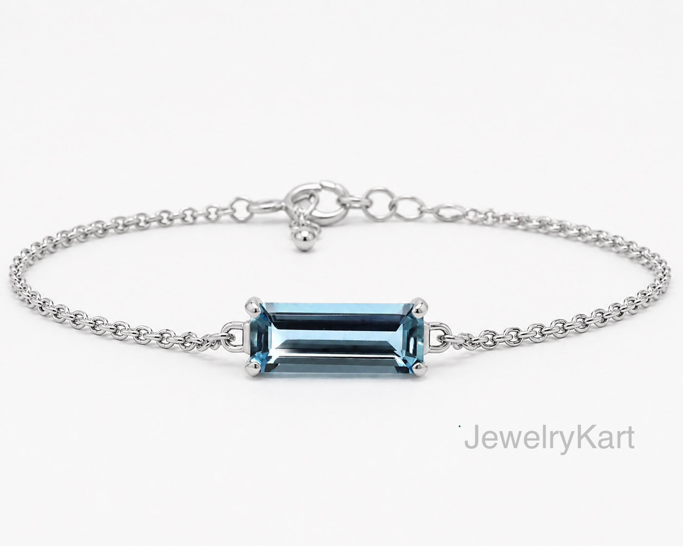 Natural Aquamarine Baguette Bracelet in 14K White Gold | AAA+ Skinny Cut Dark Blue Aquamarine | Minimalist Chain Bracelet | March Jewelry