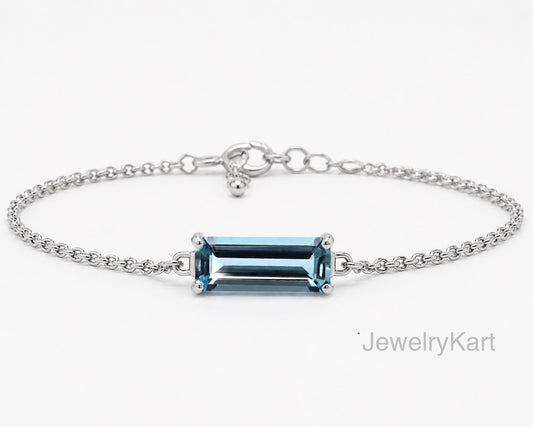 Natural Aquamarine Baguette Bracelet in 14K White Gold | AAA+ Skinny Cut Dark Blue Aquamarine | Minimalist Chain Bracelet | March Jewelry