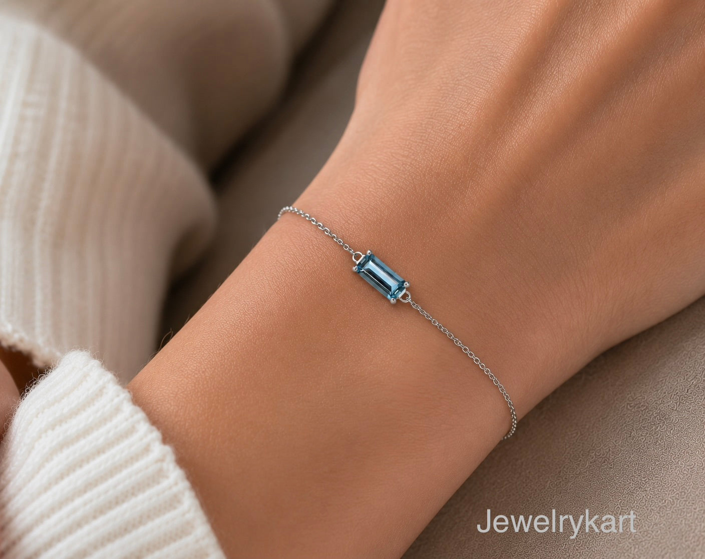 Natural Aquamarine Baguette Bracelet in 14K White Gold | AAA+ Skinny Cut Dark Blue Aquamarine | Minimalist Chain Bracelet | March Jewelry