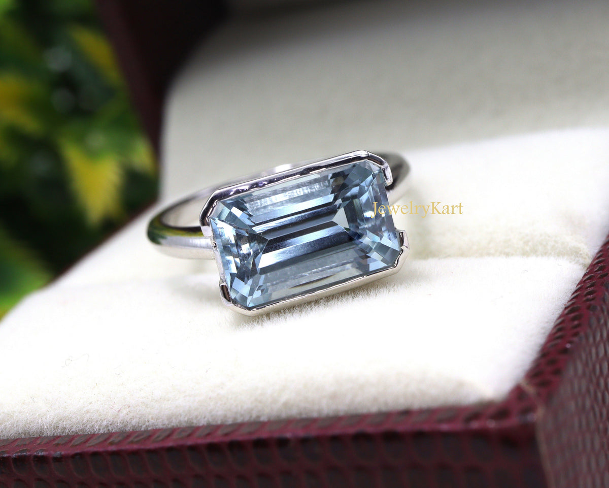 Genuine Aquamarine East West Engagement Ring, Aquamarine Ring For Wedding, Bezel Set Horizontal Ring in 14k Gold