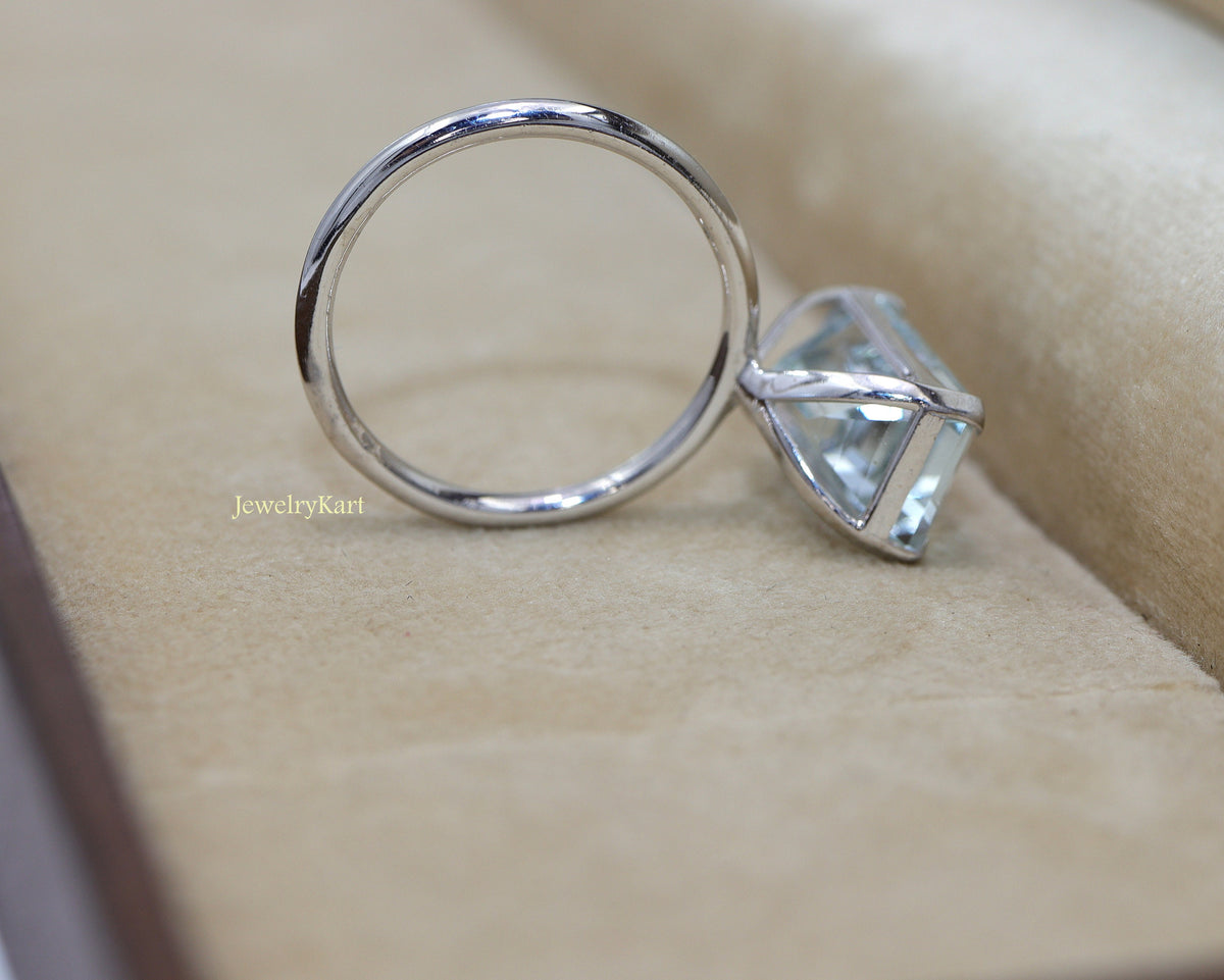 Natural Aquamarine Emerald Cut Ring | 11x7 mm Solitaire | 925 Silver Rectangle Ring | March Birthstone | Big Baguette Engagement Ring