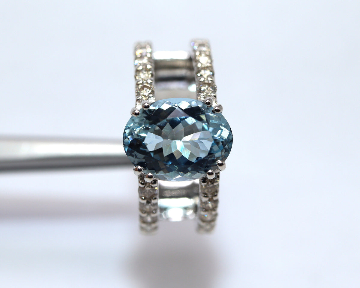 3 Ct Aquamarine & Diamond Engagement Ring – 14K White Gold Double Band Ring, Celebrity Inspired- Oval Ring