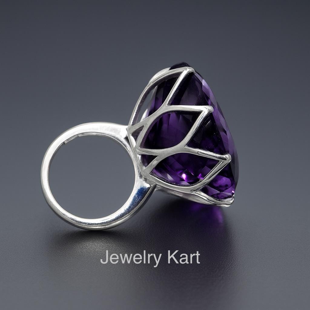 Natural Amethyst Statement Ring in 925 Silver | Large Heart Amethyst Ring | February Birthstone Jewelry | Cocktail Ring
