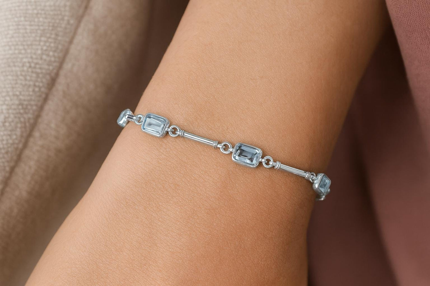 Aquamarine Tennis Bracelet 14k Gold, Emerald Cut Aquamarine Bracelet, Dainty Minimalist Bracelet, Solid Rose Gold Station Bracelet