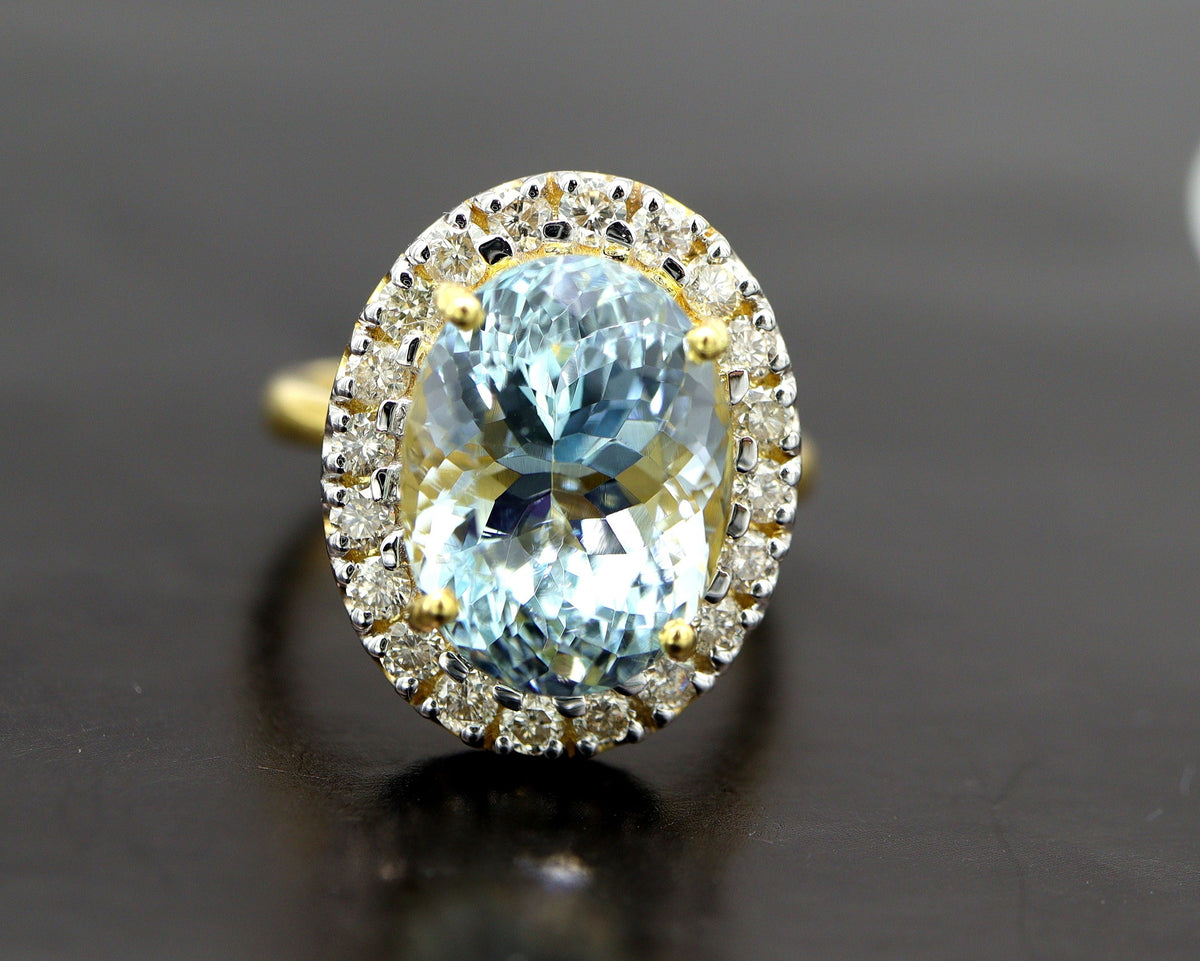 Natural Aquamarine Oval Ring, Halo Engagement Ring in 14K Gold, Fine Diamond Ring