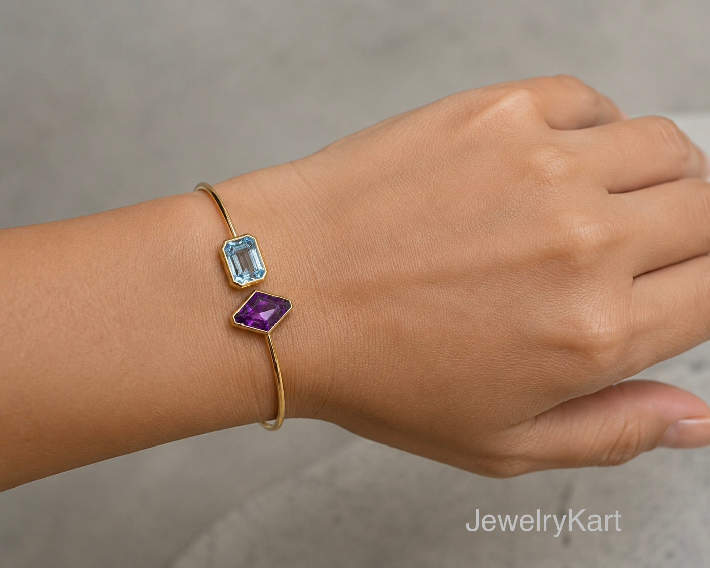Natural Aquamarine & Amethyst Bangle Bracelet | 925 Sterling Silver Yellow Gold Finish | Emerald Cut Aquamarine | Statement Gemstone