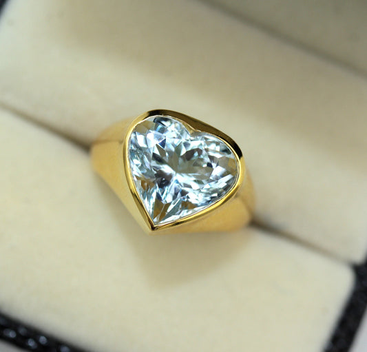 Natural Aquamarine Heart Ring 2 Carat, 14K Gold Plated Sterling Silver Bezel Set Ring, March Birthstone Gift