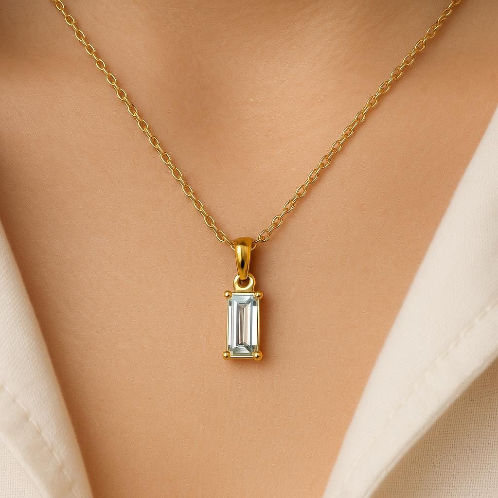 Aquamarine Baguette Pendant | 14K Gold Finish Long Bar Necklace | Dainty Slim Pendant | Small Layered Necklace | Sleek Gemstone Jewelry