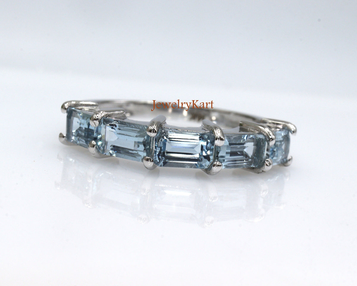 Natural Aquamarine Emerald Cut Eternity Band | Half Eternity 6x4 mm Ring | East West Aquamarine Stackable Band | Wedding Band Gift