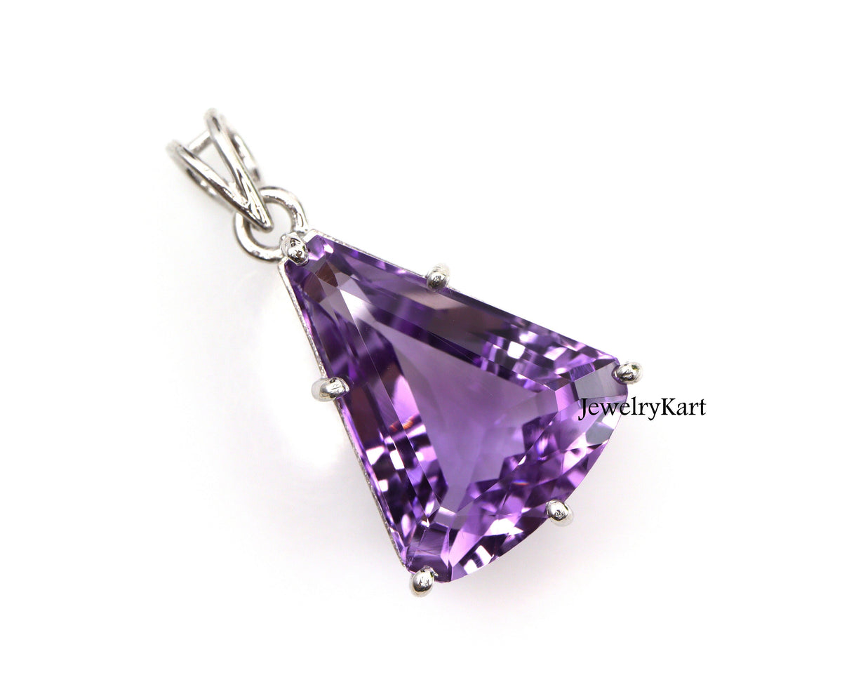 Large Amethyst Pendant in 925 Silver, Trillion Cut February Birthstone Necklace, Natural Gemstone Statement Jewelry for Women