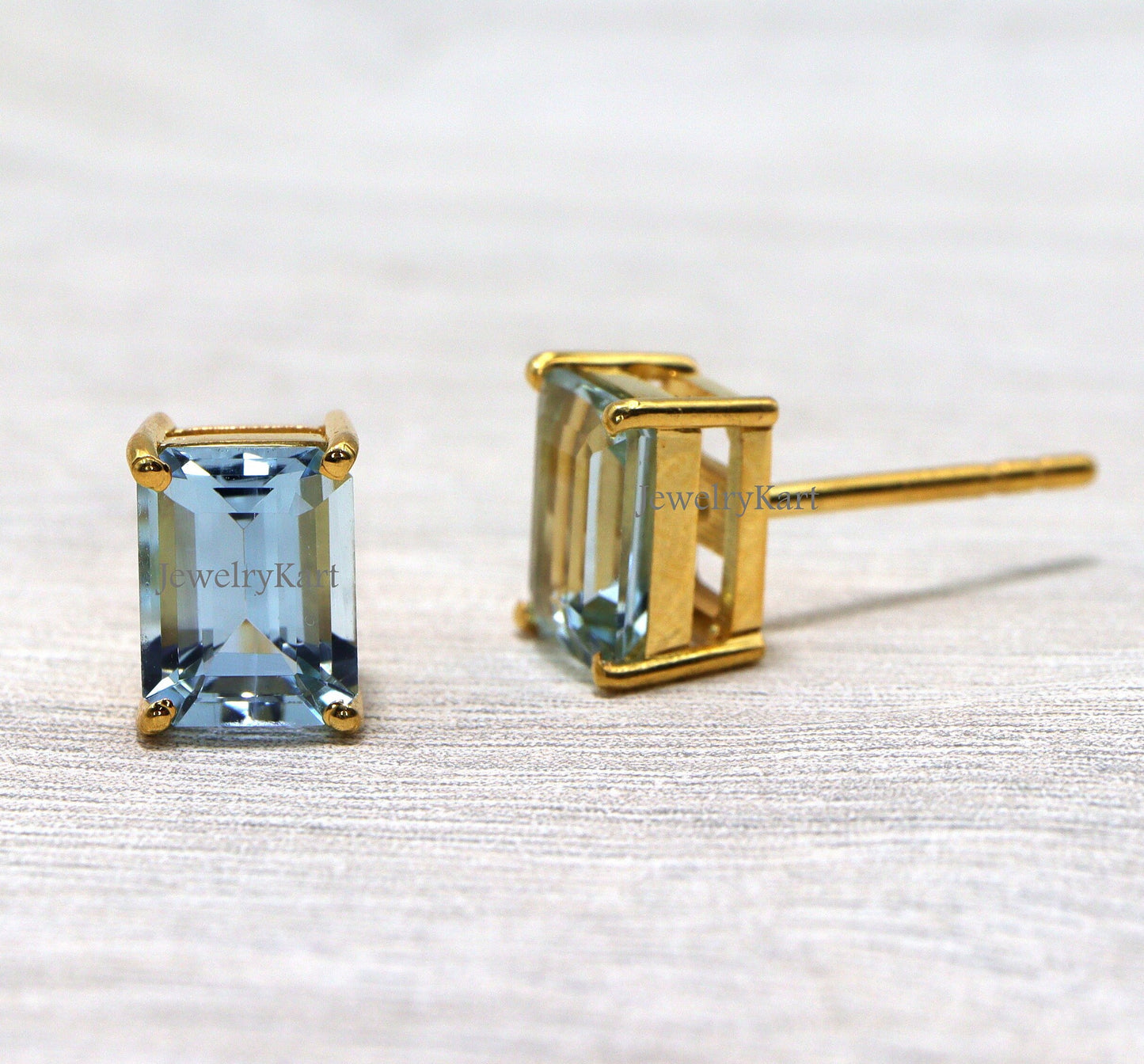 Emerald Cut Aquamarine Stud Earrings | 14k Yellow Gold Solitaire Earrings | March Birthstone Gift For Her