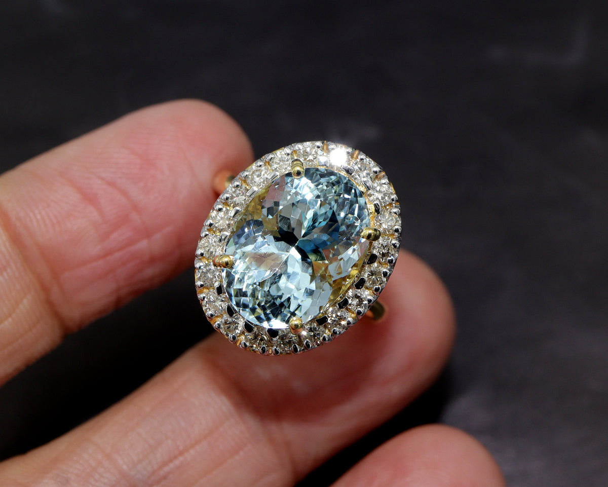 Natural Aquamarine Oval Ring, Halo Engagement Ring in 14K Gold, Fine Diamond Ring