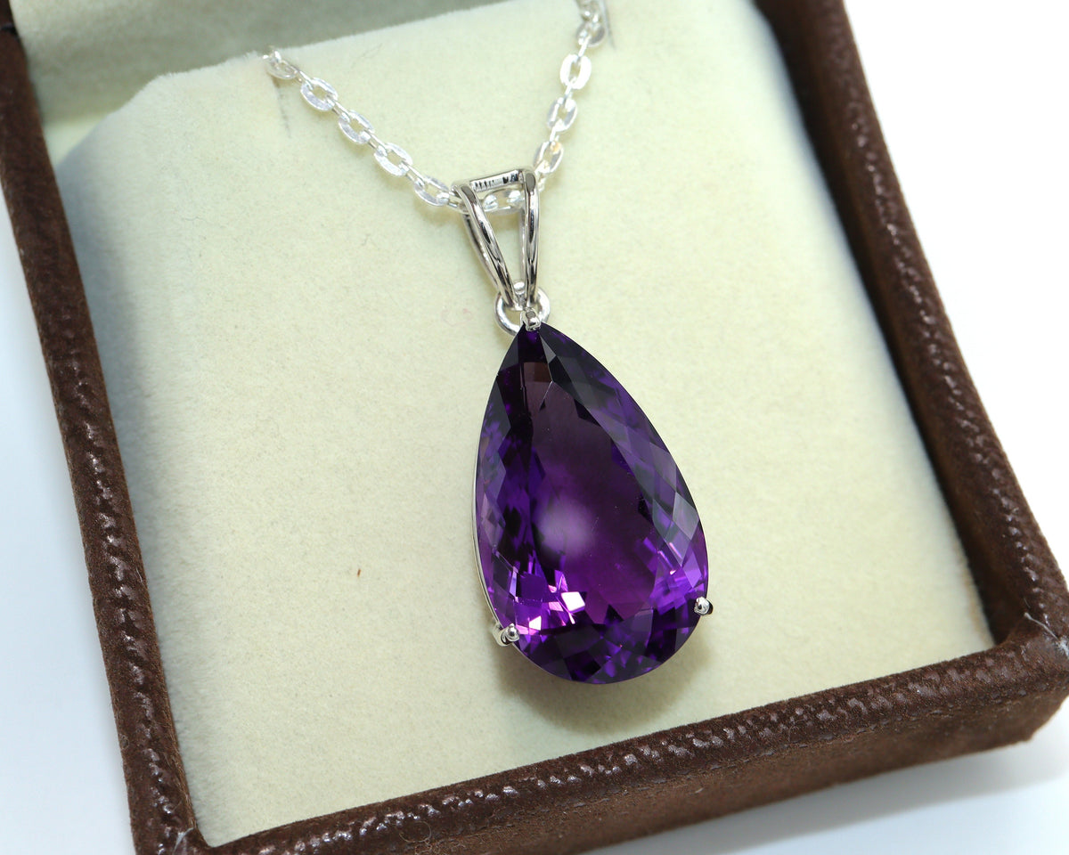 Natural Amethyst Pear Cut Pendant, Big Statement Necklace in 925 Silver, February Birthstone Gift