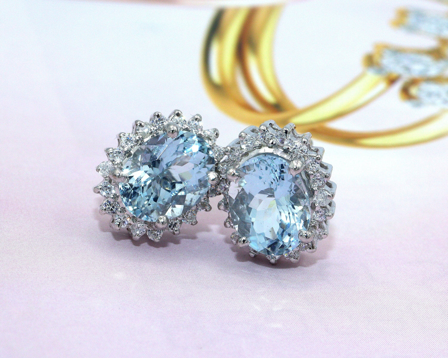 Aquamarine Earrings, Aquamarine Diamond Halo Stud Earrings - 14K White Gold Aquamarine Earrings, Oval Cut Earrings,