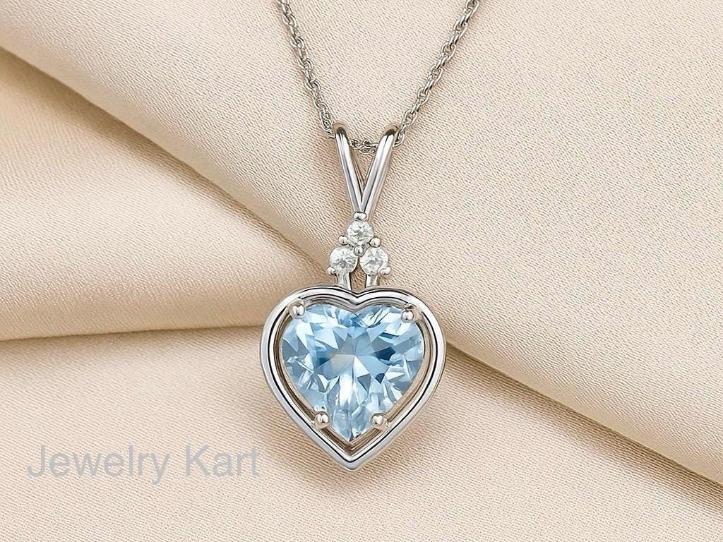 Natural Aquamarine Heart Pendant in 14K Gold, Real Diamond Accent Necklace, Light Blue Solitaire, Love Jewelry, Prong Set Gift for Her