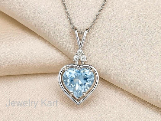 Natural Aquamarine Heart Pendant in 14K Gold, Real Diamond Accent Necklace, Light Blue Solitaire, Love Jewelry, Prong Set Gift for Her