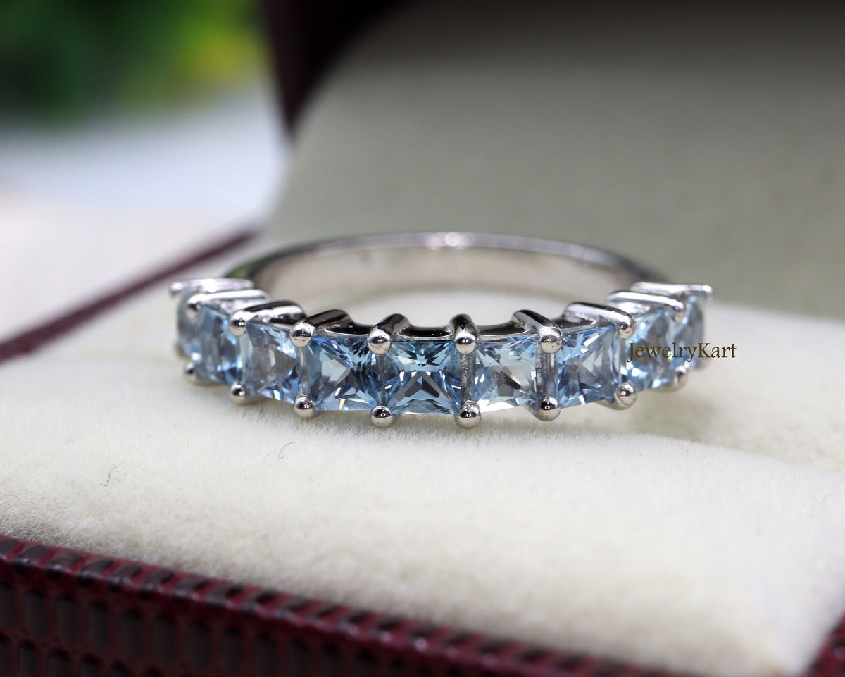 Princess Cut Aquamarine Eternity Band • 4mm Half Eternity Ring • Stackable March Birthstone Ring • Square Cut Aquamarine Band