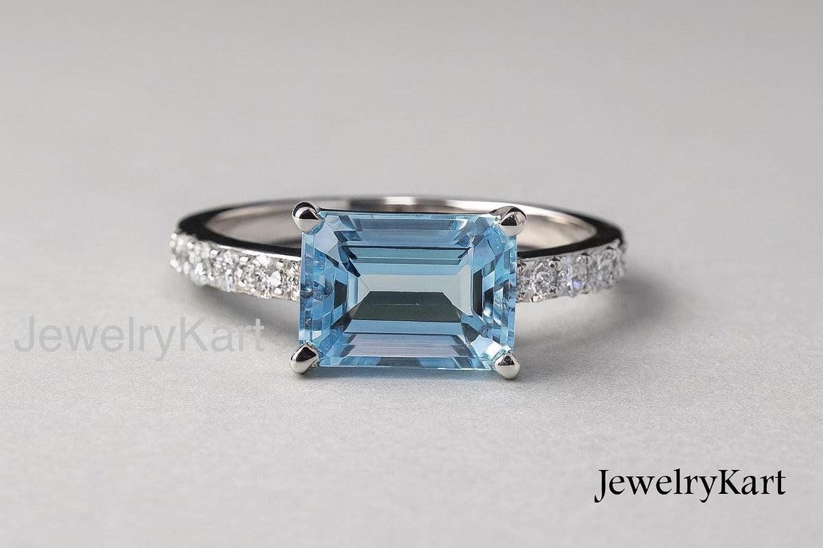 Aquamarine East West Emerald Cut Ring | Natural Aquamarine Horizontal Engagement Ring