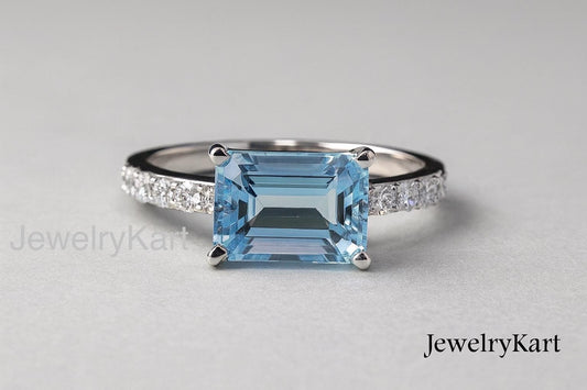 Aquamarine East West Emerald Cut Ring | Natural Aquamarine Horizontal Engagement Ring