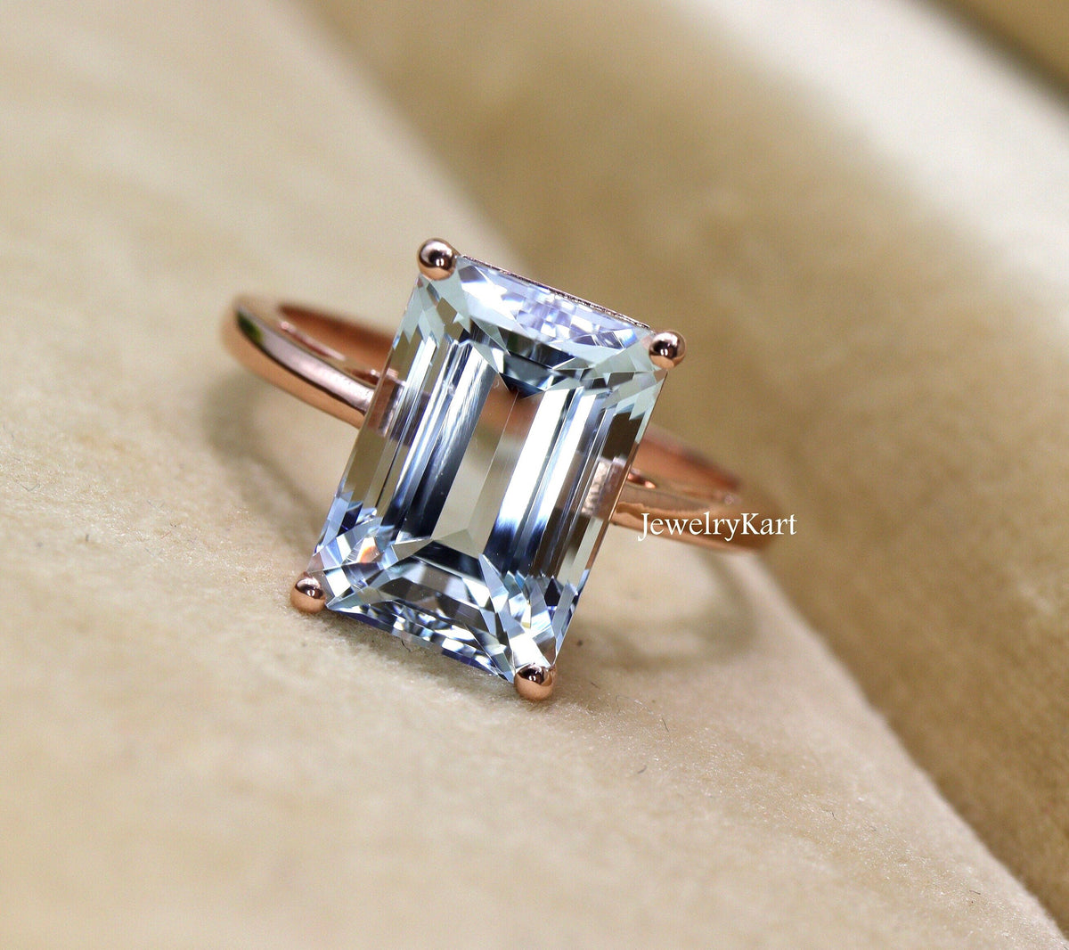 3 Ct Emerald Cut Aquamarine Ring | 14K Rose Gold Natural Solitaire | March Birthstone Engagement Ring