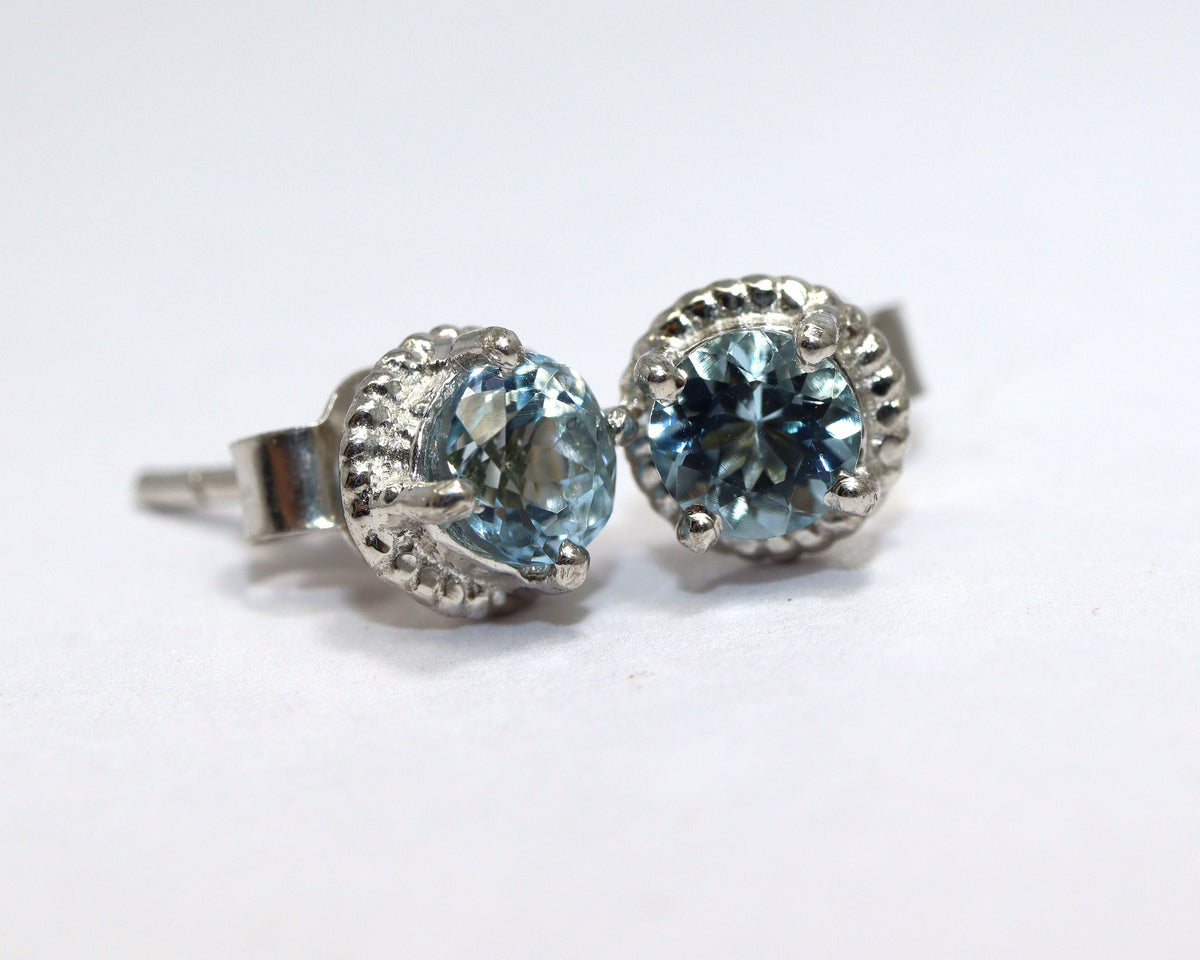 Aquamarine Stud Earrings, 5mm Round AAA Stones in 925 Silver, Dainty March Birthstone Gift, Gemstone Studs