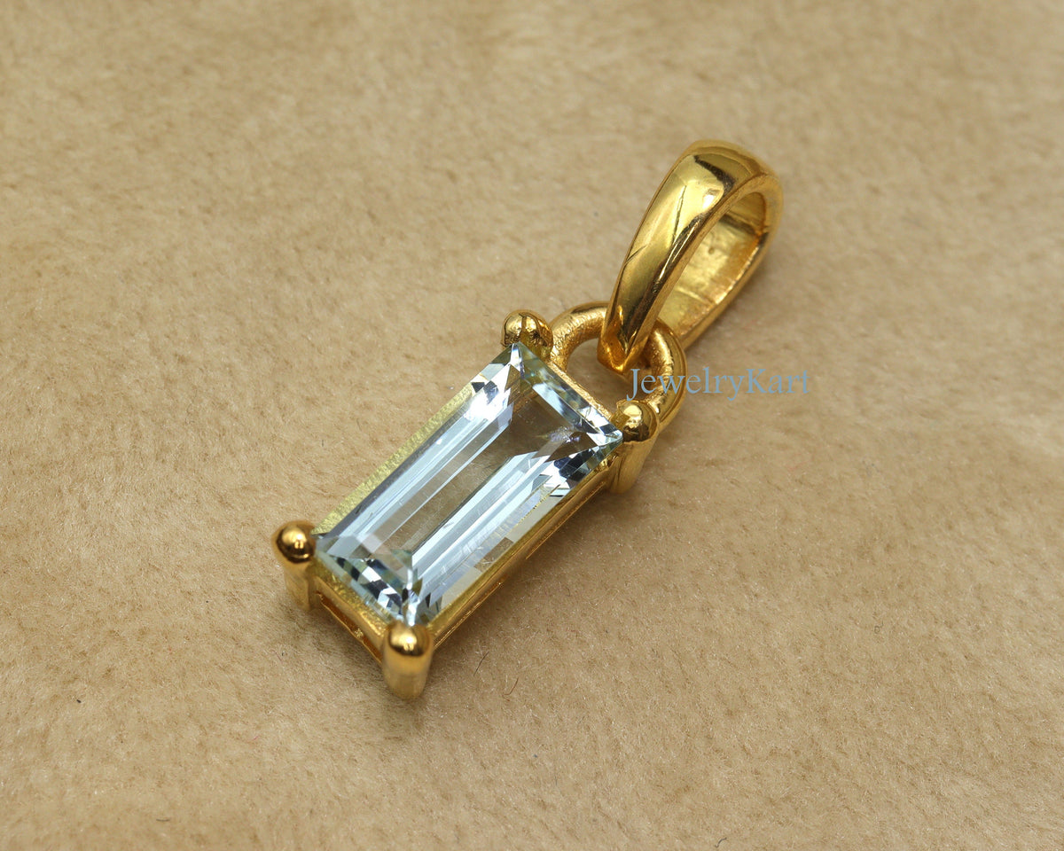 Aquamarine Baguette Pendant | 14K Gold Finish Long Bar Necklace | Dainty Slim Pendant | Small Layered Necklace | Sleek Gemstone Jewelry