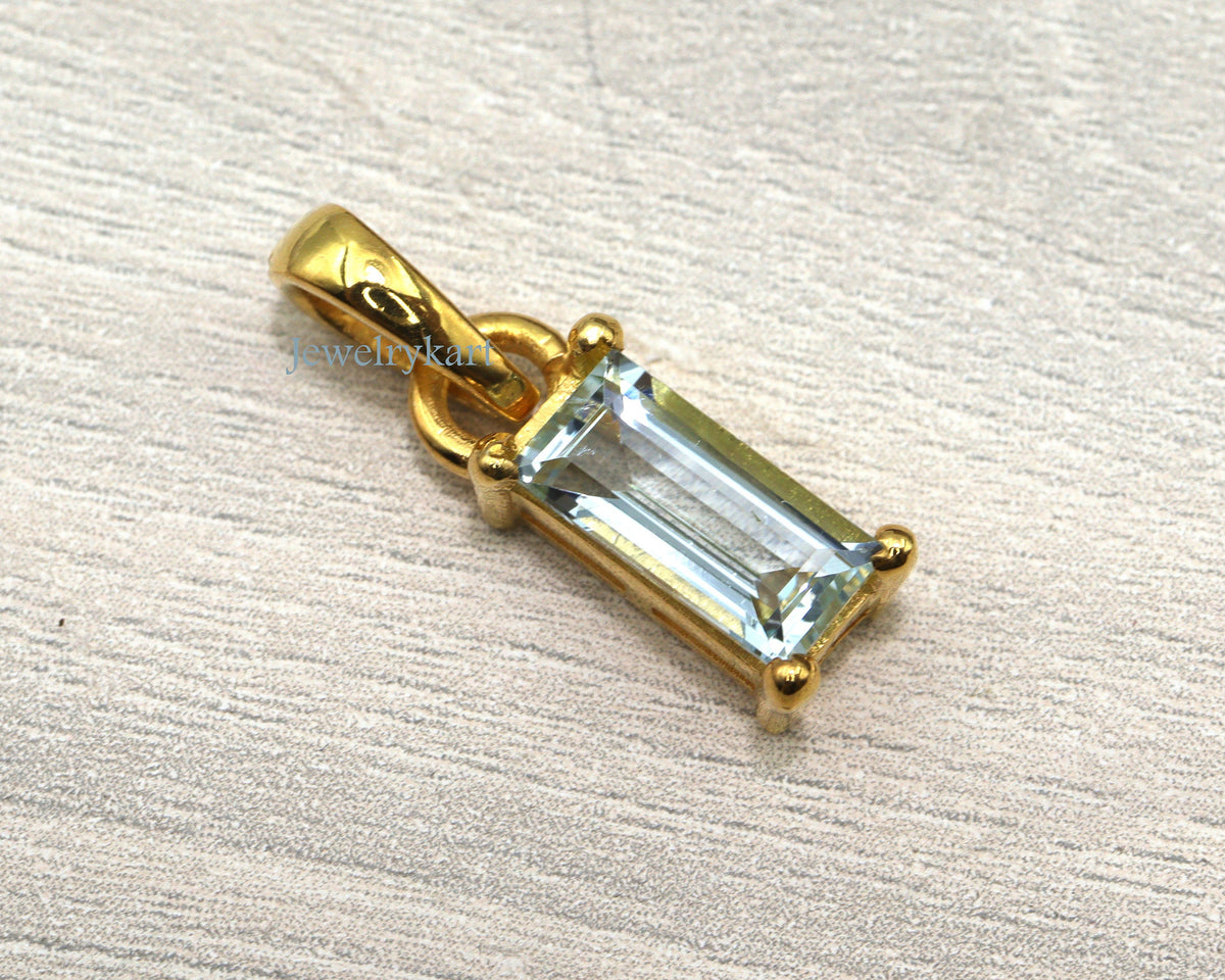 Aquamarine Baguette Pendant | 14K Gold Finish Long Bar Necklace | Dainty Slim Pendant | Small Layered Necklace | Sleek Gemstone Jewelry