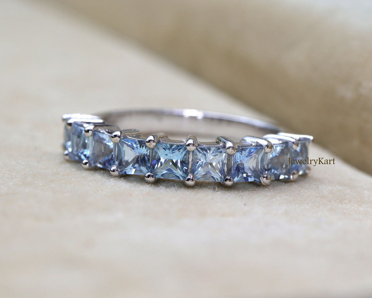 Princess Cut Aquamarine Eternity Band • 4mm Half Eternity Ring • Stackable March Birthstone Ring • Square Cut Aquamarine Band