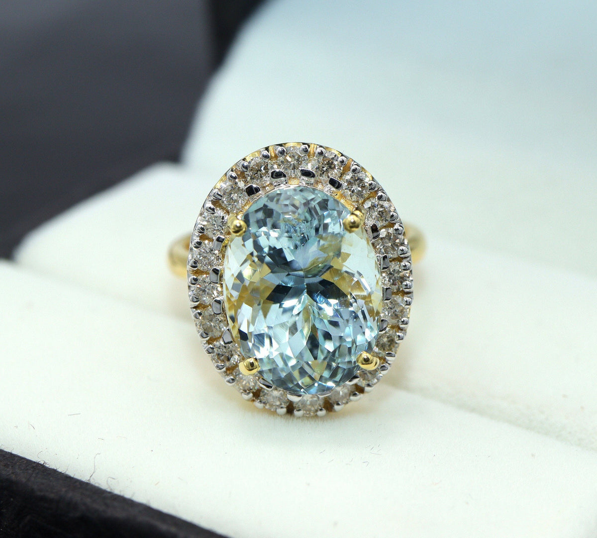 Natural Aquamarine Oval Ring, Halo Engagement Ring in 14K Gold, Fine Diamond Ring