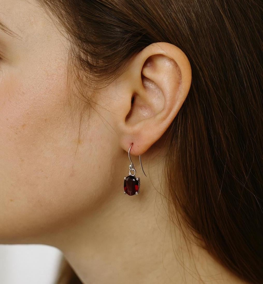 Red Garnet Dangle Earrings – 7x5 mm Oval Gemstones, 925 Silver Drop Earrings, January Birthstone Jewelry, Mother’s Day Gift