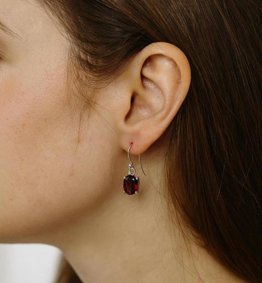 Red Garnet Dangle Earrings – 7x5 mm Oval Gemstones, 925 Silver Drop Earrings, January Birthstone Jewelry, Mother’s Day Gift