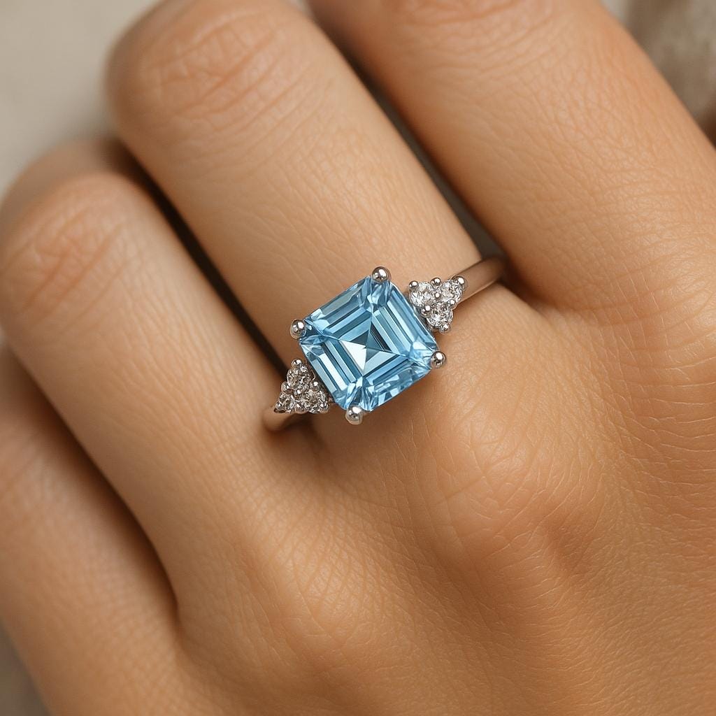 Natural Aquamarine Asscher Cut Ring 7 mm |  |  Aquamarine Engagement or Promise Ring | Square Aquamarine Diamond Ring