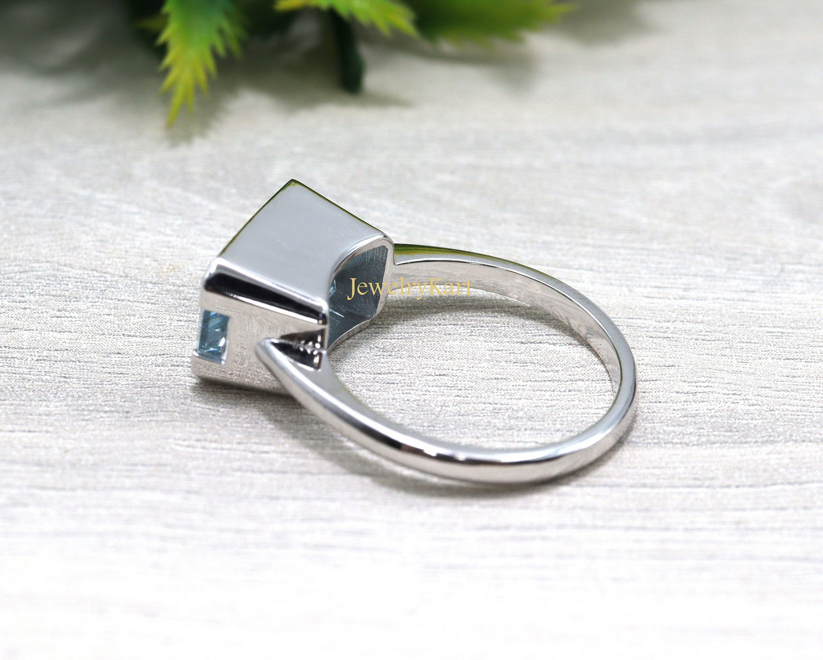 Genuine Aquamarine East West Engagement Ring, Aquamarine Ring For Wedding, Bezel Set Horizontal Ring in 14k Gold