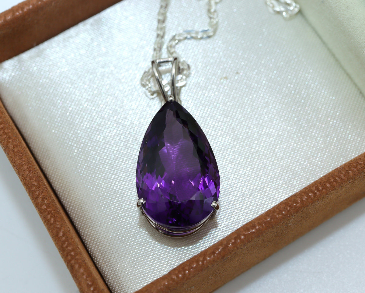 Natural Amethyst Pear Cut Pendant, Big Statement Necklace in 925 Silver, February Birthstone Gift