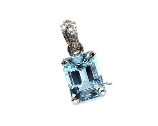Aquamarine & Diamond Pendant | 3 Ct Emerald Cut Aquamarine Necklace in 14k Gold | Rectangle Solitaire Necklace
