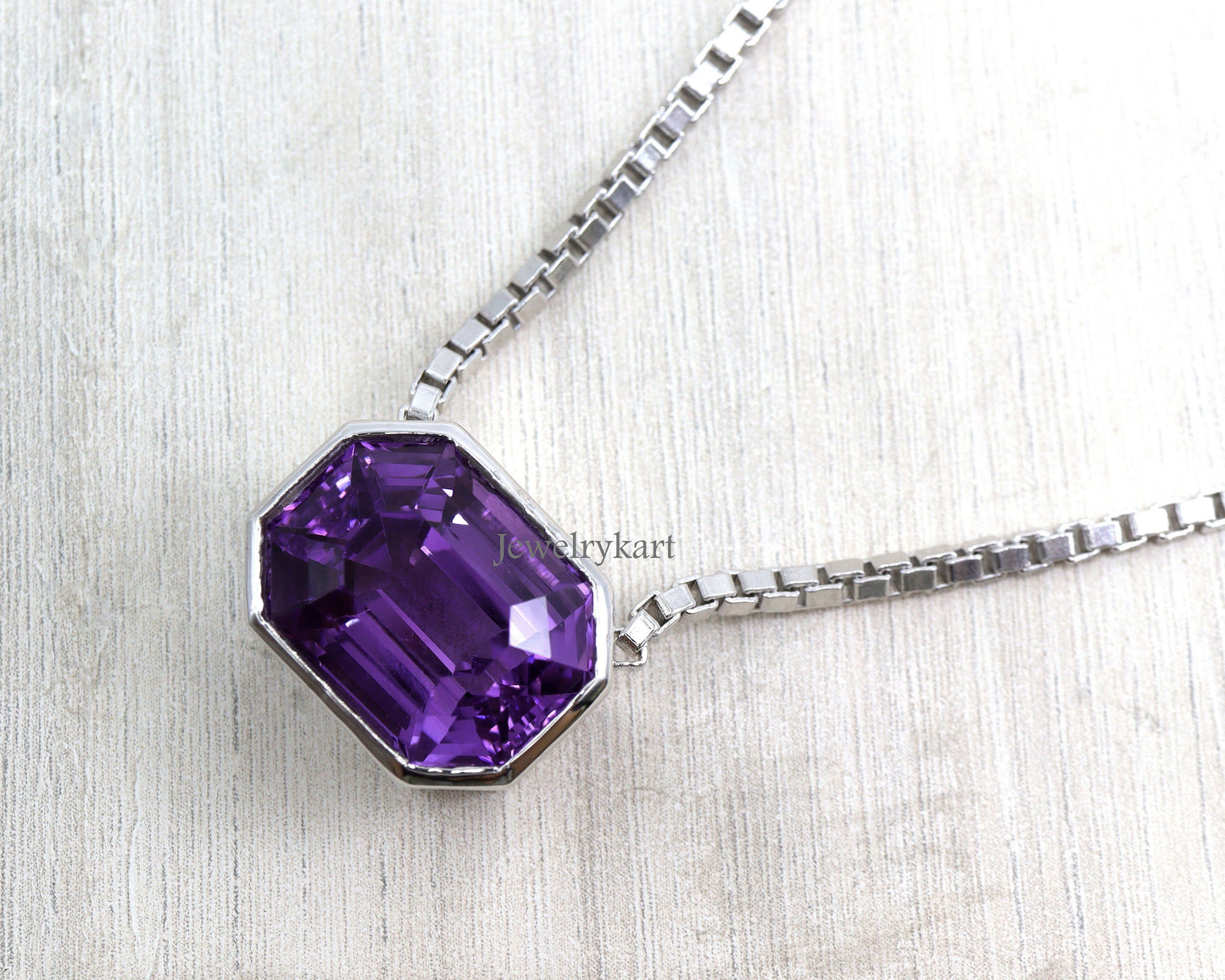 Horizontal Amethyst Pendant Necklace, Bezel Set Emerald Cut Gemstone in 925 Silver, February Birthstone, Statement Neck piece,
