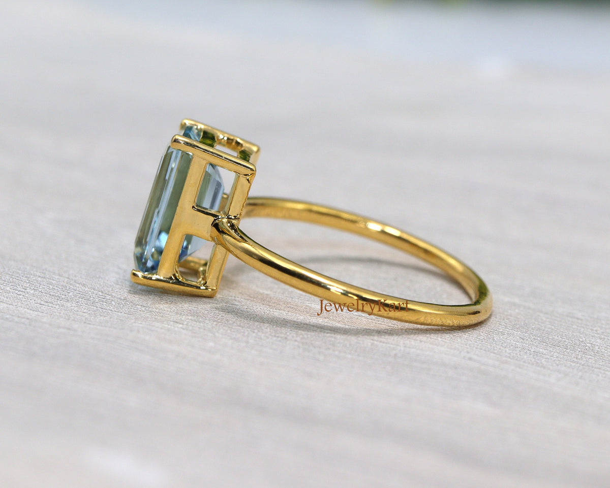 Emerald Cut Aquamarine Ring, 14K Gold Solitaire Ring, Engagement Ring, Anniversary Ring