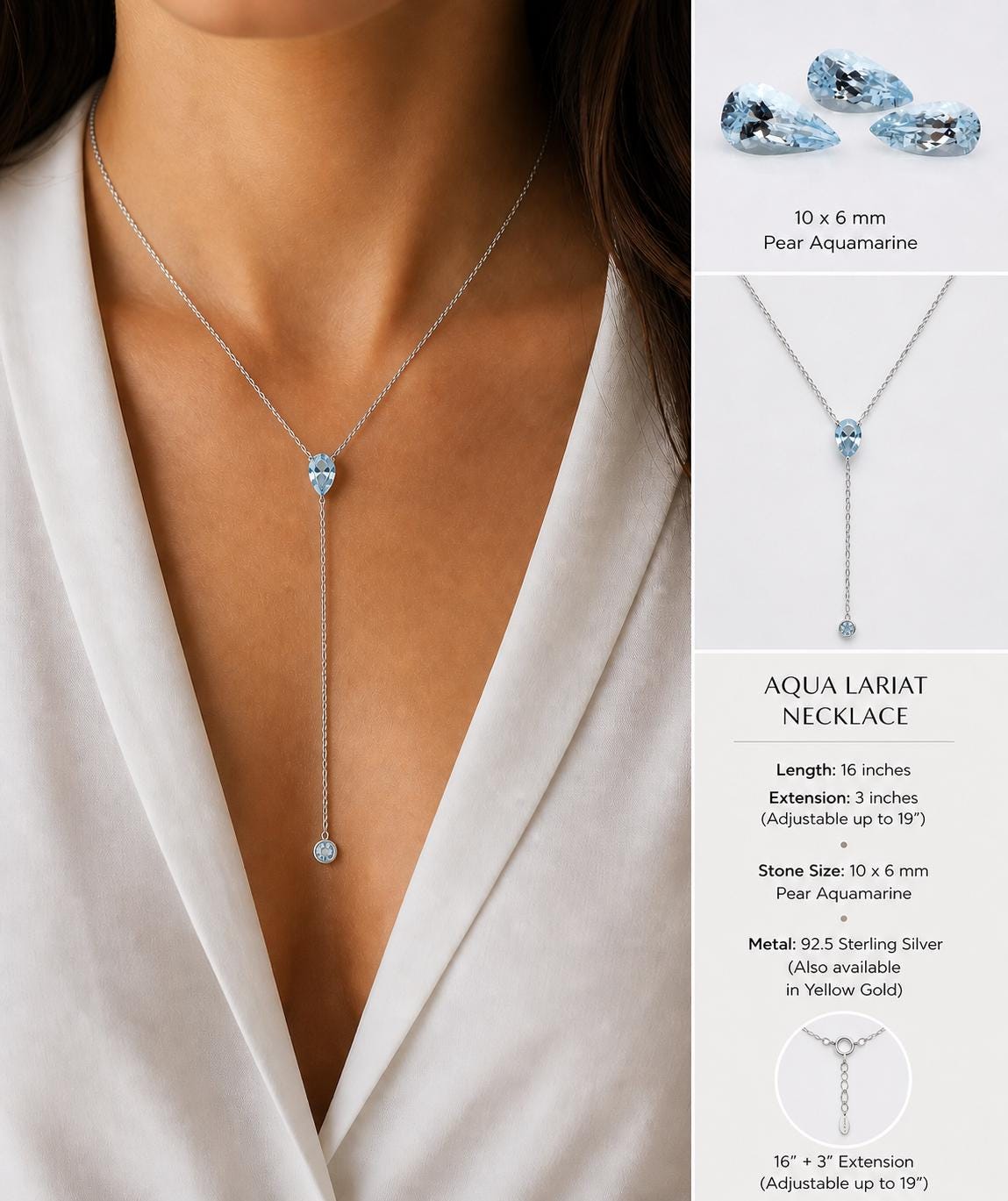 Aquamarine Lariat Necklace, Pear Drop Y Necklace, Minimalist Gold Necklace, March Birthstone Jewelry, Dainty Layering Necklace, Gift for Her