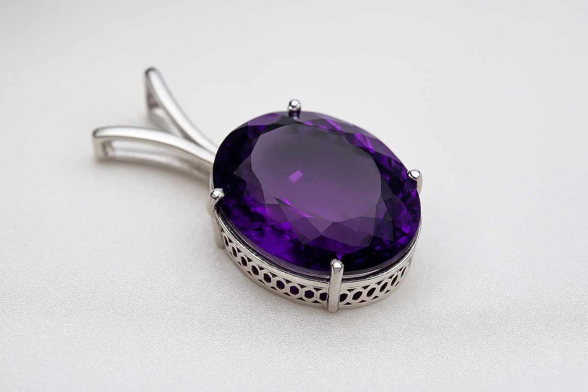 Natural Amethyst Oval Pendant | 15 Ct Purple Gem in 925 Silver | Large February Birthstone Necklace | Rhodium Plated | Gift for Her